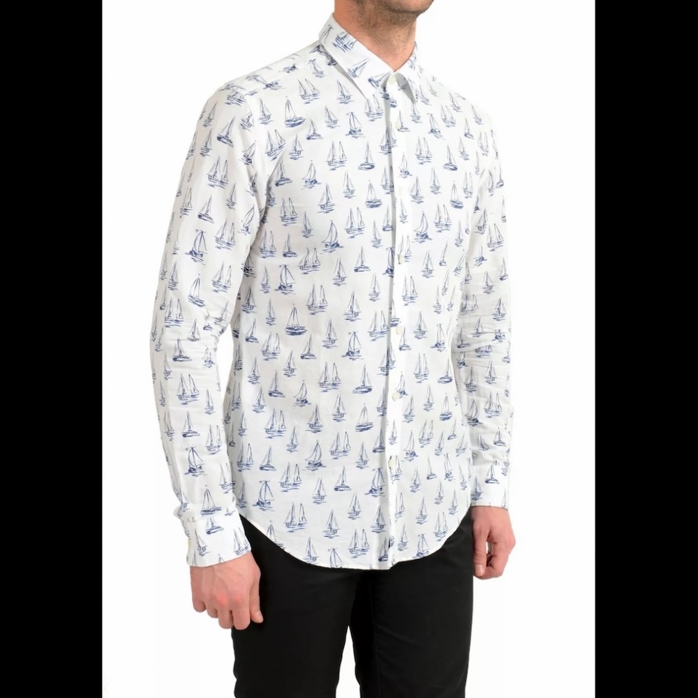 Hugo Boss Ronni_53F Men Slim Fit Linen Graphic Print Long Sleeve Casual Shirt